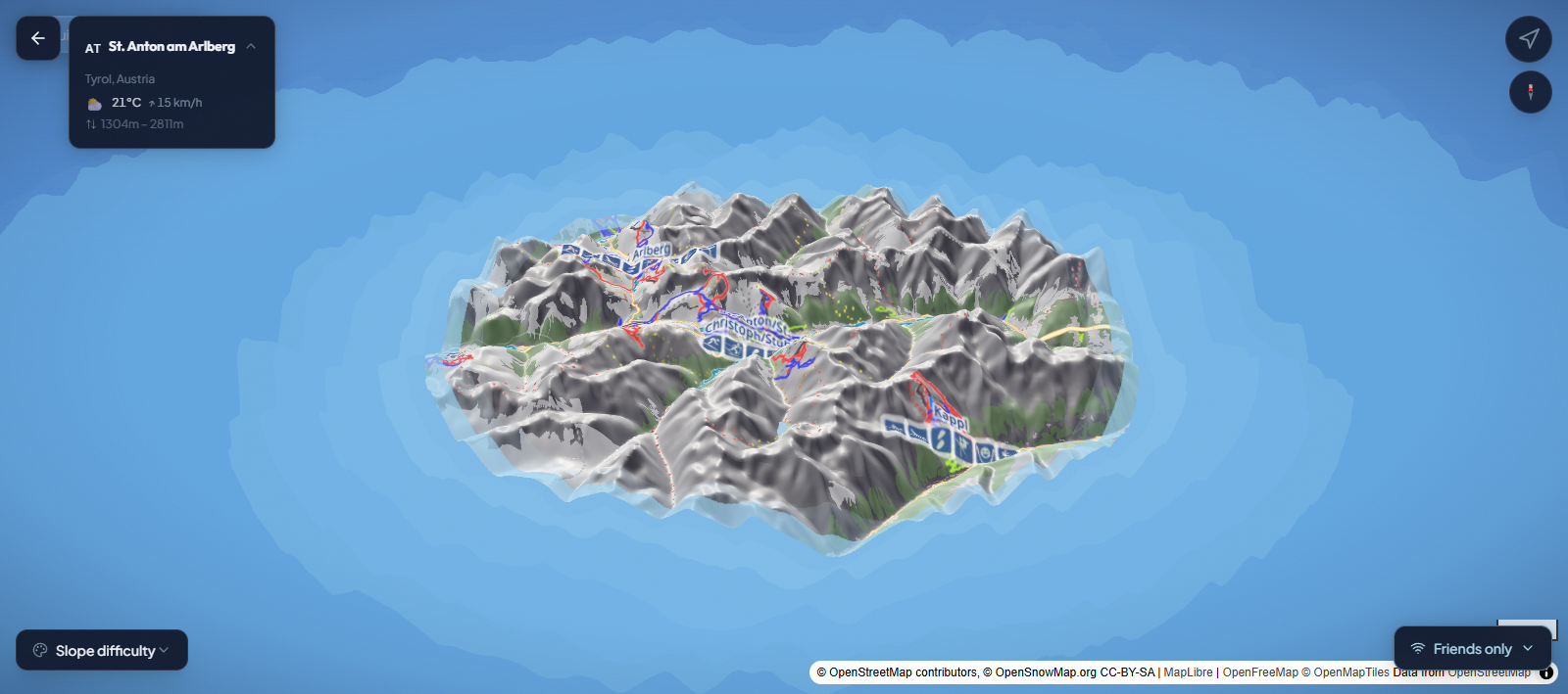 Velmigo live resort map showing the mountain, pistes, conditions, and friends visibility control